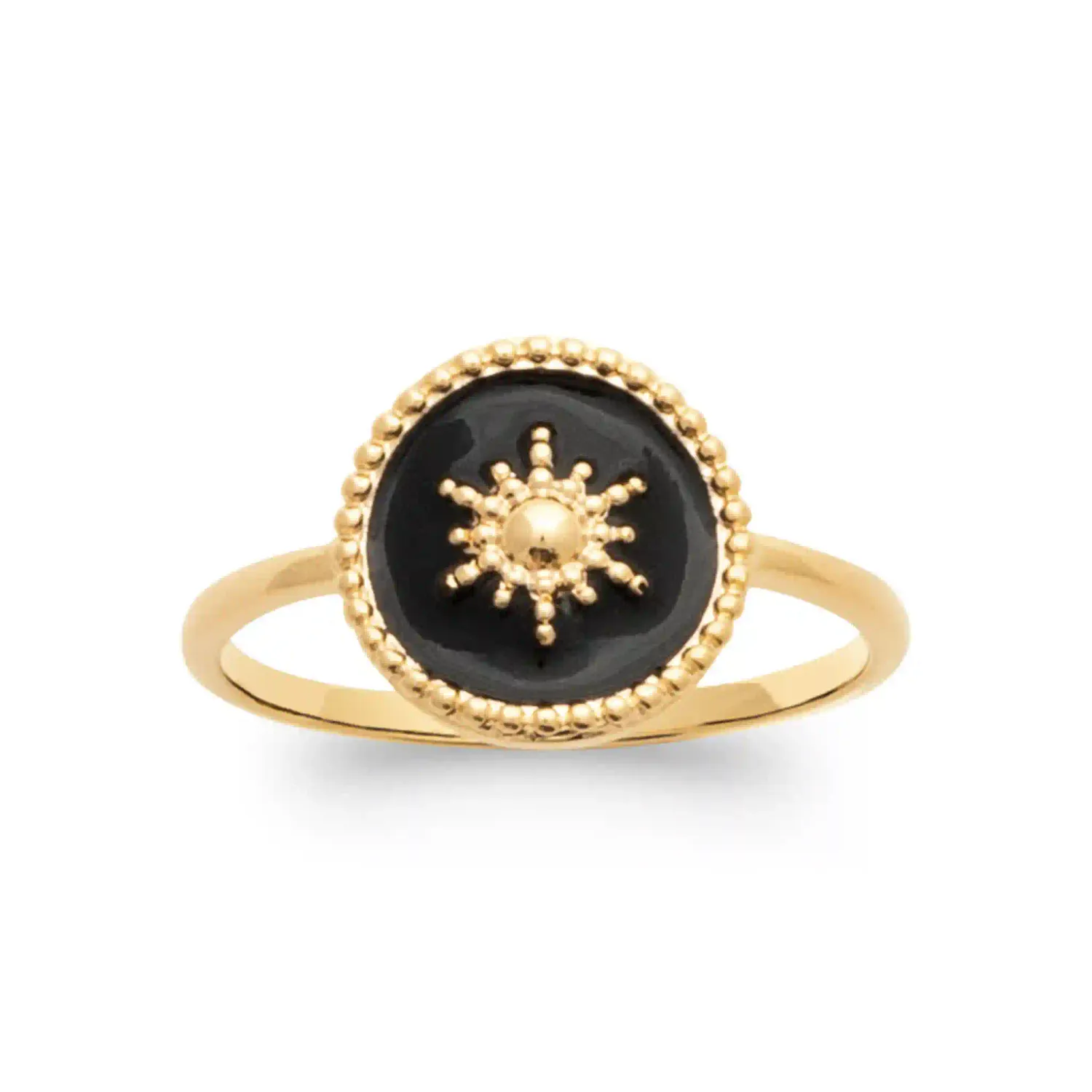 Oriana France bague soleil laque noire plaqué or perlée