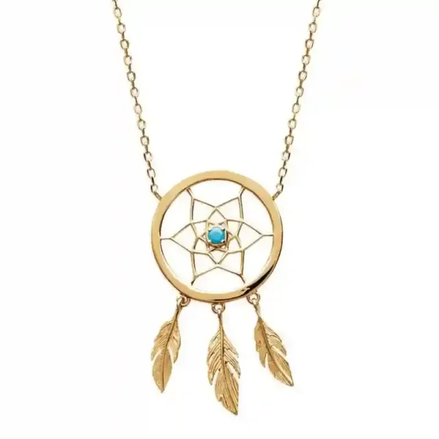 Oriana France attrape rêves collier plaqué or plume turquoise
