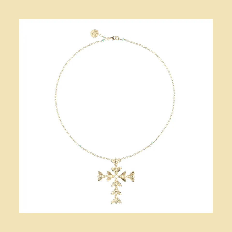 Lorella Tamberi Bee Queen croix collier zircons verts