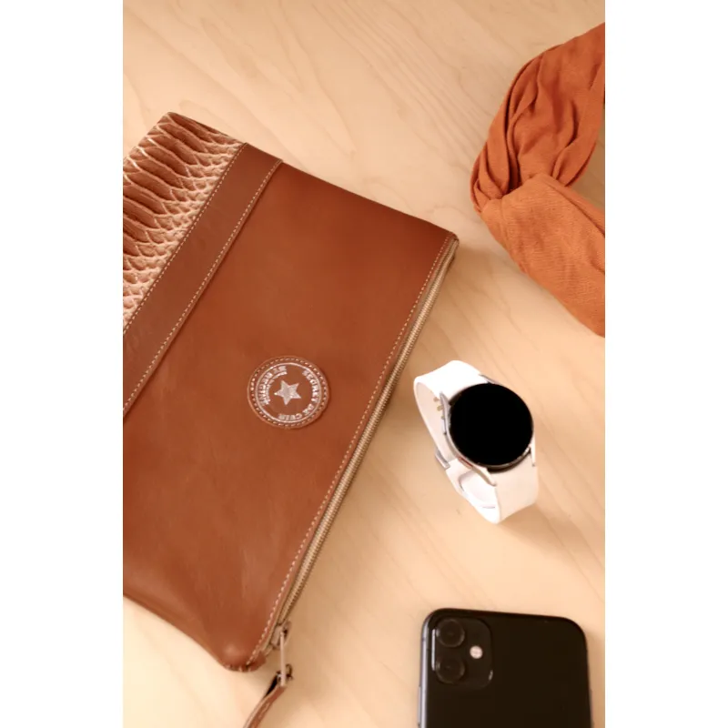 Secret de Cuir camel serpent pochette cuir vachette 25 cm