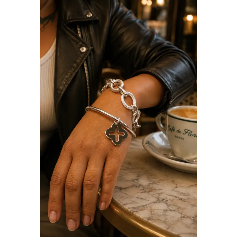 Secret de Cuir N°1720 bracelet ovales striés argenté